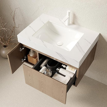 Ambrovina 30" Floating Bathroom Vanity with Sink, Plywood Storage Bathroom Vanities with Drawer and Door, Carrara White Sintered Stone Top and Ceramic Basin, Pre-Assembled Cabinet, Light Brown