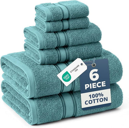 LANE LINEN Towel Set 6 Piece Soft Absorbent Quick Dry 100% Cotton - Teal | Towel Pack - Terry Weave Comfort, Long-Lasting Comfort, Hotel-Style Look, Gets Softer With Every Wash, Machine Washable