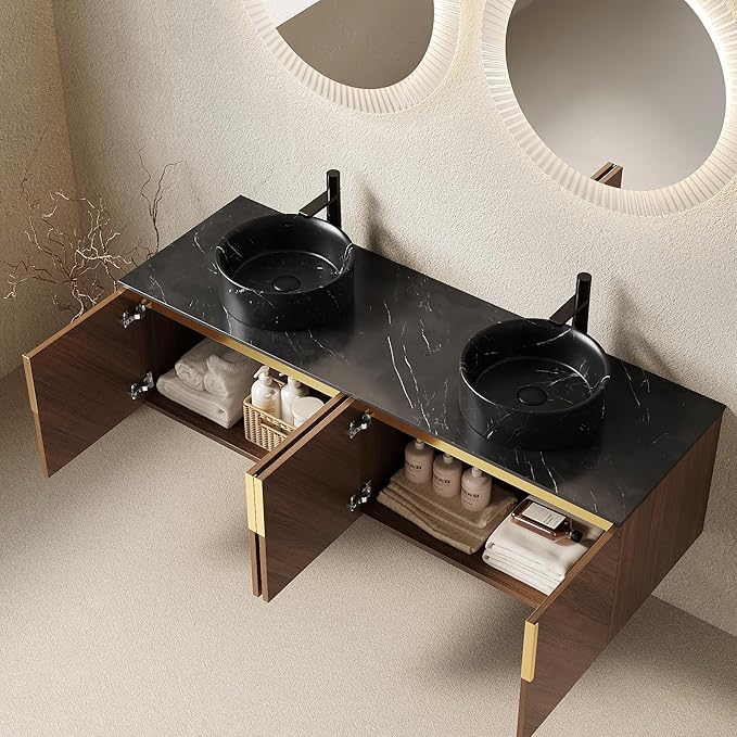 60" Double Sink Bathroom Vanity with Sink Combo, Floating Vanity with Vessel Sink, Wall-Mounted Plywood Bathroom Vanity Storage Cabinet with 4 Doors & 2 Black Round Basin, Brown Oak