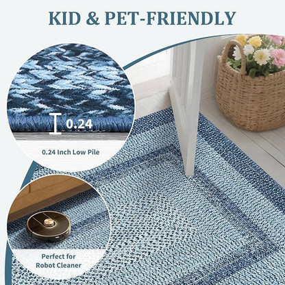 Washable Area Rugs 9x12 Living Room Modern Rugs for Bedroom Blue Rug Imitation Braided Soft Large Area Rug Non Slip Throw Rugs Stain Resistant Carpet for Nursery Dining Room 9'x12' Blue
