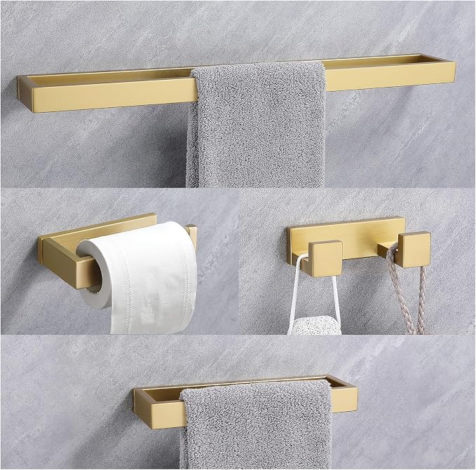 Lairuier Brushed Gold Bathroom Hardware Accessories, 4PCS Towel Bar Set | Including Towel Bar, Towel Holder, Toilet Paper Holder, Towel Hook, SUS304 Stainless Steel Bathroom Towel Holder Hardware Set