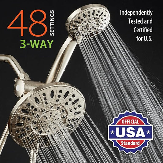 AquaDance 7" Premium High Pressure 3-way Rain & Handheld Shower Head Combo | Enjoy Dual 6-Setting Luxury Shower Heads Separately or Together for the Best of Both Worlds! Stainless Steel Hose - Nickel