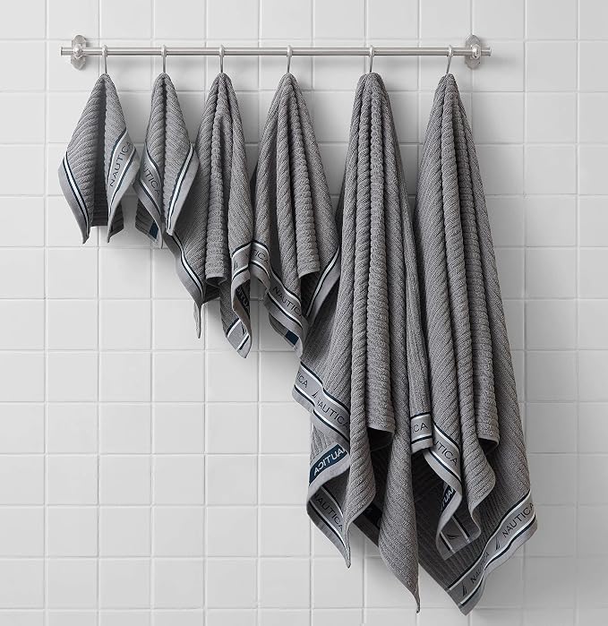 Nautica – Bathroom Towels, Washcloth, Bath & Hand Towel Set, Highly Absorbent Ribbed Terry Cotton, Set of 6, College Dorm Room Essentials (Signature Grey)
