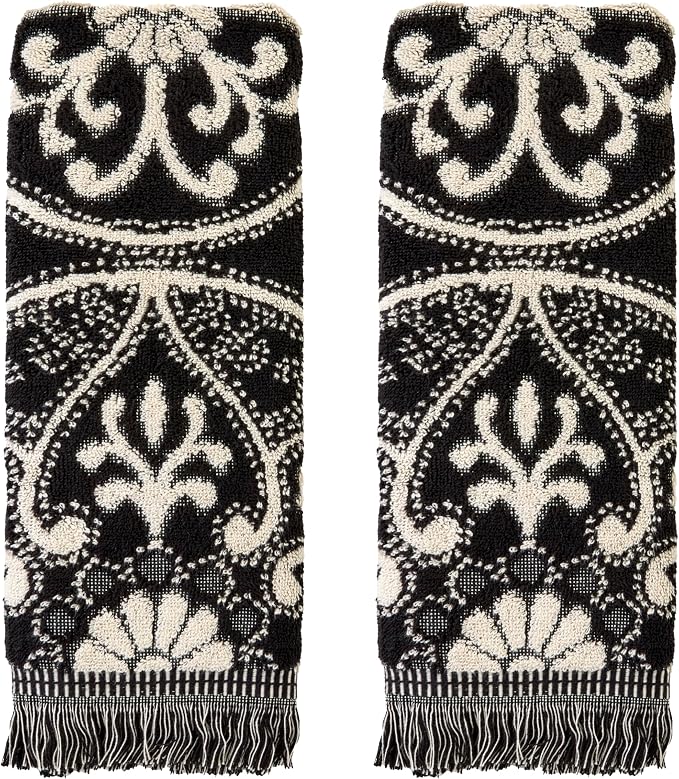 SKL Home Amherst Medallion Hand Towel Set-2pc, Premium 100% Cotton, Black | 600 GSM. Spa-level quality. Soft & absorbent, reversible jacquard. For the bathroom, kitchen, bar or any sink space.