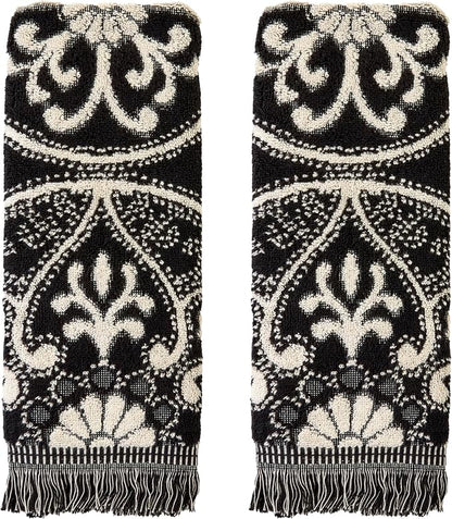 SKL Home Amherst Medallion Hand Towel Set-2pc, Premium 100% Cotton, Black | 600 GSM. Spa-level quality. Soft & absorbent, reversible jacquard. For the bathroom, kitchen, bar or any sink space.