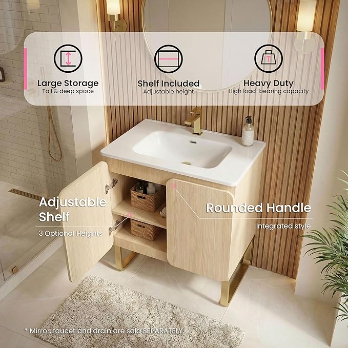 30" Bathroom Vanity Combo, Modern Bathroom Cabinet with Sink and 2 Soft-Closing Doors, Large Storage with Adjustable Shelf for Small Space, Light Wood - Dalia Collection