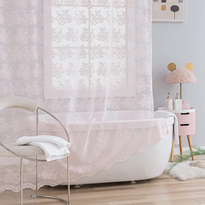 TUDECO Pink Lace Shower Curtain with Attached Valance, 72x72 Inch, 1 Panel | Light Pink, Cute Girly Bathroom Decor, Aesthetic Feminine Style, Vintage Floral Detail, Soft Light Filtering, Semi Privacy