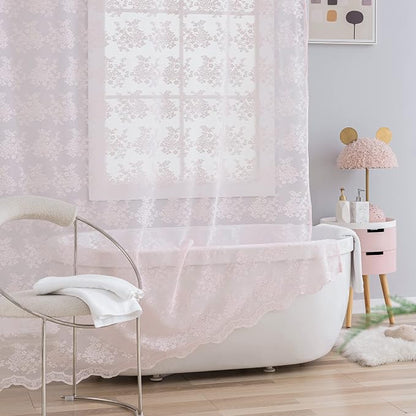 TUDECO Pink Lace 36 x 72 Shower Curtain with Attached Valance | for Narrow Bathroom, Vintage Floral, Sheer, Feminine Cute Decor, Soft Natural Light, Scalloped Edges, Reinforced Holes