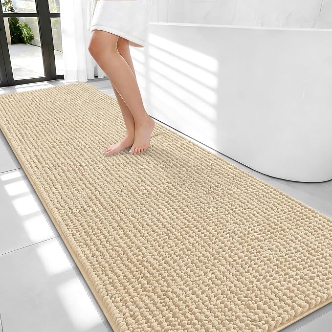 OLANLY Thick Chenille Bathroom Runner Rugs 70x24, Absorbent Bath Mat, Beige | Soft Bath Rugs, Rubber Backing, Machine Wash Dry, Bath Mats for Bathroom, Tub and Shower, Home Decor Accessories