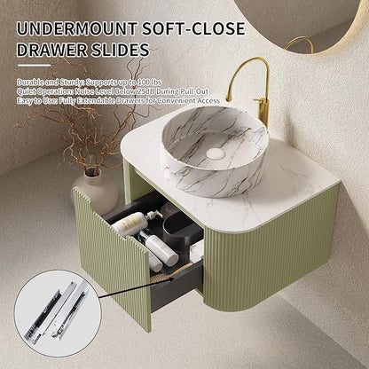Yayzy 36" Floating Bathroom Vanity with Sink, Solid Wood Fluted Cabinet, White Marble-Patterned Ceramic Basin & Faux Marble Top, Soft-Close Drawer, Pre-Assembled, Light Green