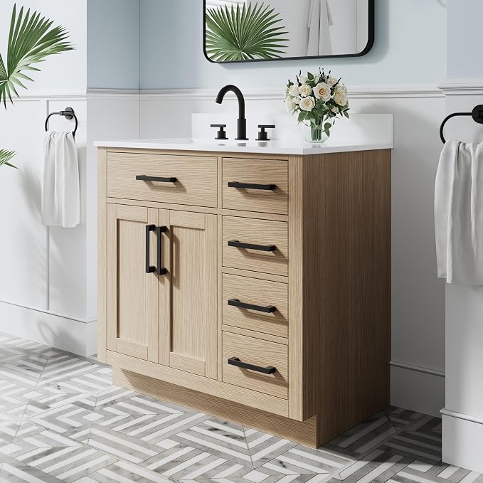 36-Inch Bathroom Vanity with Sink W/ 2 Doors & 4 Drawers & 1 Flip Drawer, Oak Vanity W/Matte Black Handles