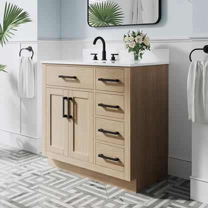 36-Inch Bathroom Vanity with Sink W/ 2 Doors & 4 Drawers & 1 Flip Drawer, Oak Vanity W/Matte Black Handles