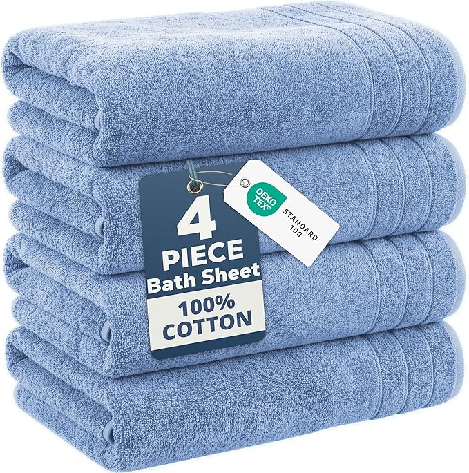 Casa Platino 100% Cotton 4 Pack Bath Sheets (36"x72") - Ring Spun Cotton Extra Large Bathroom Towels - Quick Dry, Soft & Absorbent Oversized Bath Towels - Machine Wash in Cold Water - Cerulean Blue