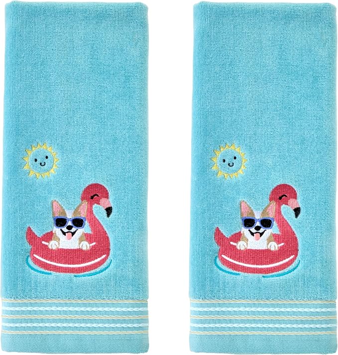 SKL Home Floating Corgi Hand Towel 2pc Set for Bath/Kitchen/Bar & Gift, Aqua