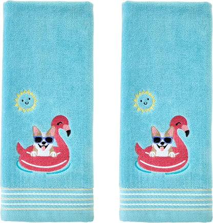 SKL Home Floating Corgi Hand Towel 2pc Set for Bath/Kitchen/Bar & Gift, Aqua