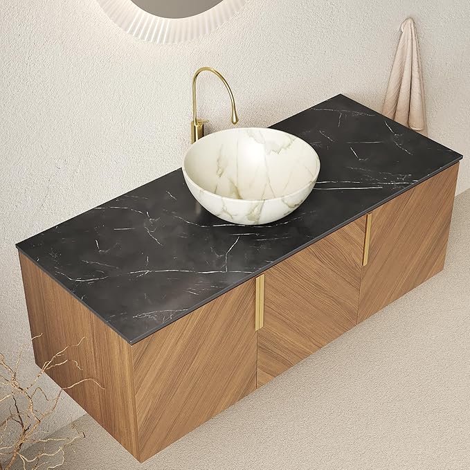 48 Inch Bathroom Vanity with Single Sink, Floating Vanity with Vessel Sink, Modern Bathroom Vanity Cabinet with 3 Doors, Sintered Stone Countertop and White Bowl Basin,Brown Oak
