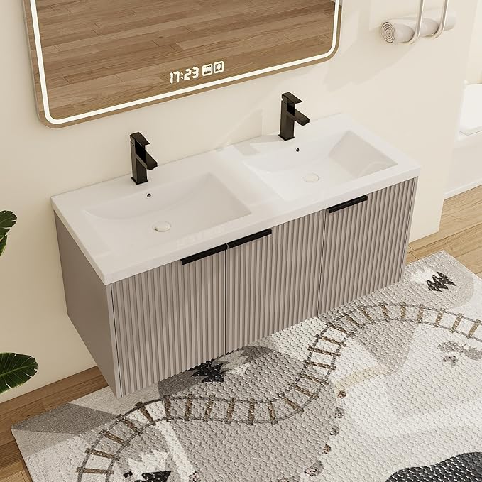 Malwee 48" Bathroom Vanity with Sink, 48 inch Double Sink Floating Vanity, Wall Mounted Bathroom Basin Cabinet Combo, Modern Khaki Bath Vanity Cabinet Set with Storage(MA10348DKH)