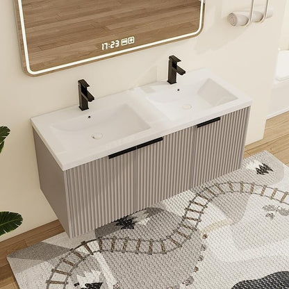Malwee 48" Bathroom Vanity with Sink, 48 inch Double Sink Floating Vanity, Wall Mounted Bathroom Basin Cabinet Combo, Modern Khaki Bath Vanity Cabinet Set with Storage(MA10348DKH)