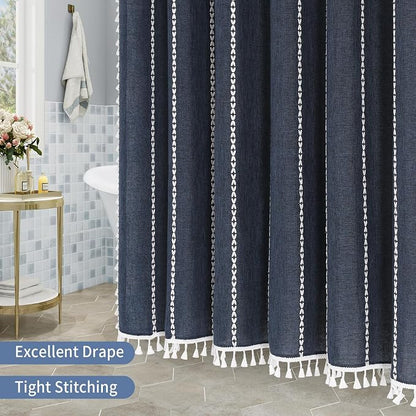 Boho Farmhouse Tassel Linen Shower Curtain,3D Embroidery Stripe Navy,72x78 | Long Tall,310GSM Linen Texture Heavy Duty Cloth,Water Repellent,Wrinkle Resistant,Vintage Rustic Country design