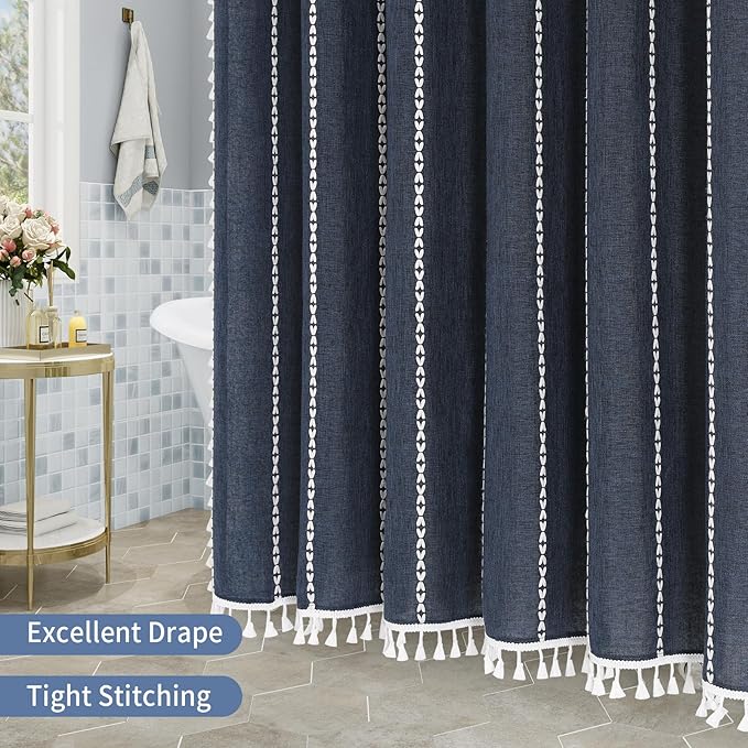 MitoVilla Boho Extra Long Shower Curtain 72 x 96, Navy Modern Farmhouse 96 inch XL Polyester Linen Texture Tassel Fabric Shower Curtain Set with Hooks for Cottagecore Country Bathroom Decor,Navy