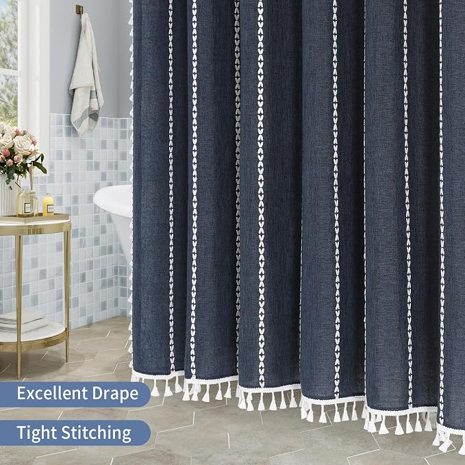 Boho Farmhouse Tassel Linen Shower Curtain,3D Embroidery Stripe Navy,72x96 | Extra Long Xl,310GSM Linen Texture Heavy Duty Cloth,Water Repellent,Wrinkle Resistant,Vintage Rustic Country design