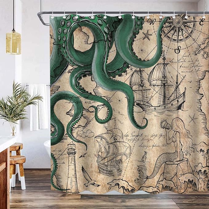 Fungarth Vintage Green Nautical Octopus Shower Curtain Mermaid Funny Ocean Kraken Shower Curtains for Bathroom Cool Anchor Coastal Map Waterproof Fabric Bath Curtain with Hooks (Retro2, 72” x 72”)