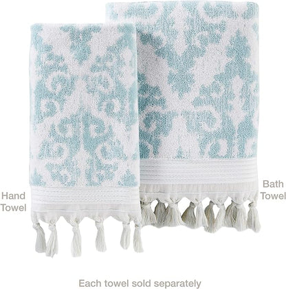 SKL Home Mirage Fringe Hand Towel Set-2pc, 100% Turkish Cotton, Aqua | 640 GSM weight. Spa-level quality. Soft & absorbent, reversible jacquard. For the bathroom, kitchen, bar or any sink space.