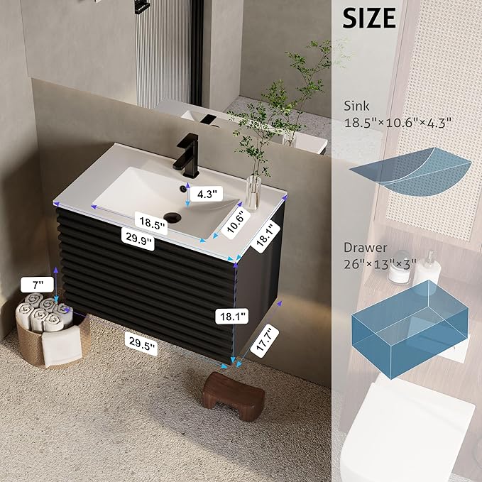 eclife 30" Floating Bathroom Vanity with Sink Combo Mid-Century Wall Mounted Cabinet with Wood Stripes Decor, Drawers, Undermount Single Sink, Faucet, Drain, Black