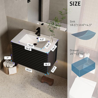 eclife 30" Floating Bathroom Vanity with Sink Combo Mid-Century Wall Mounted Cabinet with Wood Stripes Decor, Drawers, Undermount Single Sink, Faucet, Drain, Black