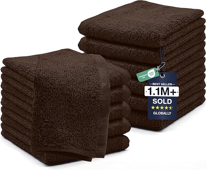 DAN RIVER 12 Pack Cotton Wash Cloths Set for Showering [12x12] Brown | Lighter Weight, Quick to Dry, Super Soft & Absorbent Face Towels, Hotel Quality, Perfect for Bathroom, Gym, Spa