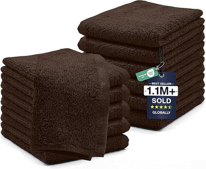 DAN RIVER 12 Pack Cotton Wash Cloths Set for Showering [12x12] Brown | Lighter Weight, Quick to Dry, Super Soft & Absorbent Face Towels, Hotel Quality, Perfect for Bathroom, Gym, Spa