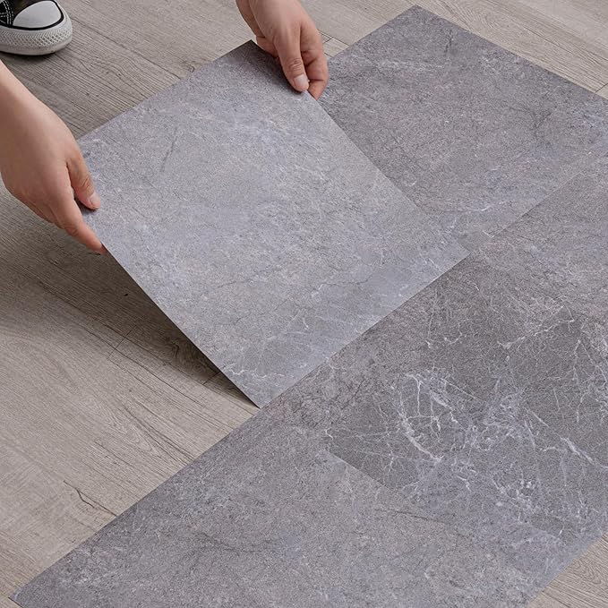 Lareko 60Sq.Ft Grey Marble Peel and Stick Vinyl Floor Tiles,60 Tiles - 12" x 12",Waterfproof and Self Adhesive Vinyl Sticker Tiles,Laminate Flooring for for Kichen,Bathroom,Dining Room(Grey)