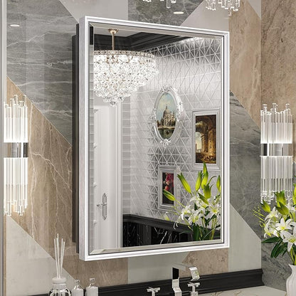 Keonjinn 17" x 25" Silver Bathroom Medicine Cabinets with Mirror, Recessed or Surface Wall-Mounted Aluminum Alloy Framed Beveled Mirror with Storage, 2 Adjustable Shelves for Bath Modern