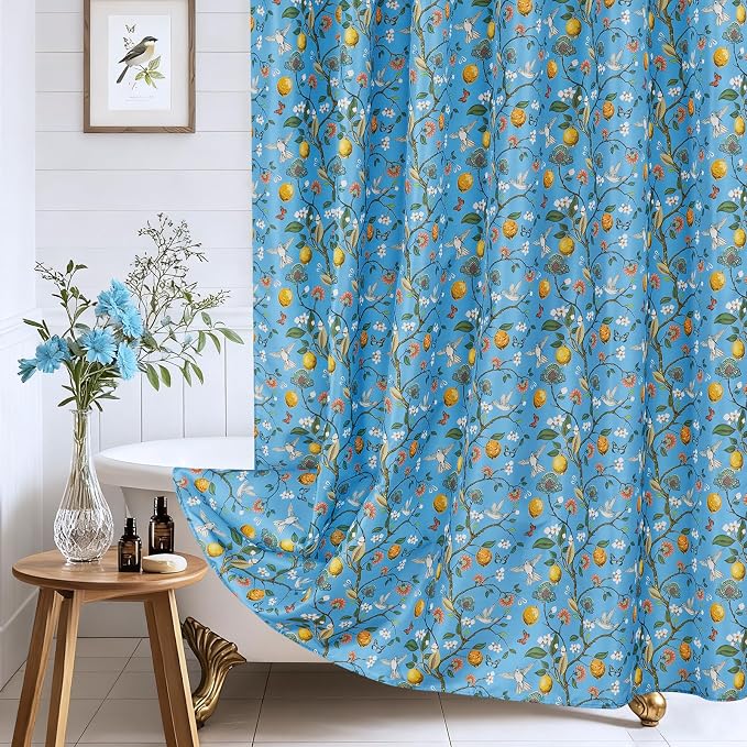 Blue Floral Bird Shower Curtain 72x72, Hummingbird and Lemon Botanical Fabric Bath Curtains, Lightweight Quick-Dry Bathroom Decor Set with Hooks