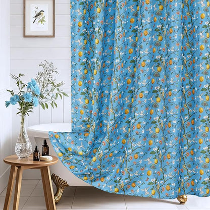 Blue Floral Bird Shower Curtain 72x72, Hummingbird and Lemon Botanical Fabric Bath Curtains, Lightweight Quick-Dry Bathroom Decor Set with Hooks
