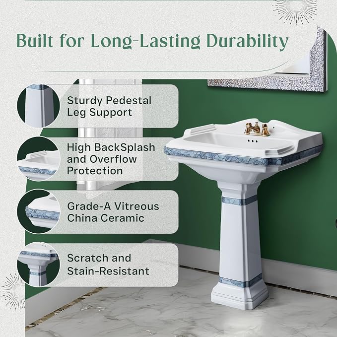 Renovators Supply Manufacturing India Reserve 23" W x 34.25" H x 18.5" Proj. Ornate Blue Gold Bathroom Pedestal Sink, Vitreous China, Compatible with 4 in. Centerset Faucets