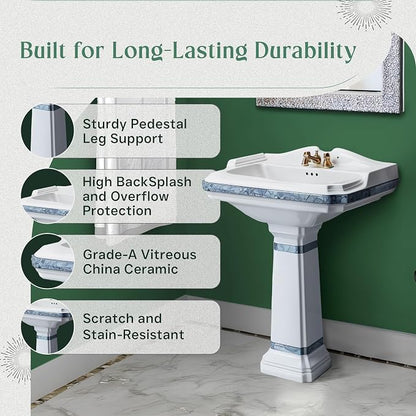 Renovators Supply Manufacturing India Reserve 23" W x 34.25" H x 18.5" Proj. Ornate Blue Gold Bathroom Pedestal Sink, Vitreous China, Compatible with 4 in. Centerset Faucets