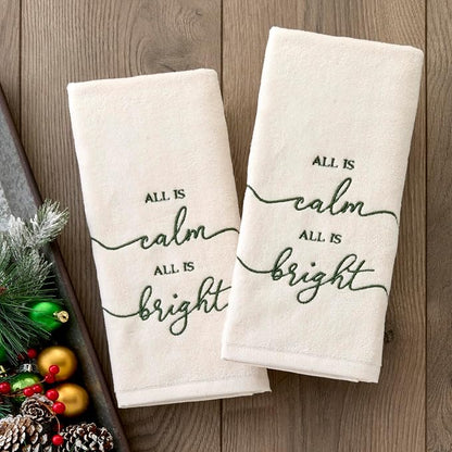 SKL Home Christmas/Winter All is Calm Hand Towel Set-2pc, Natural | 100% Cotton. Soft, embroidered velour. Great for the bathroom, kitchen or bar & holiday gifting.