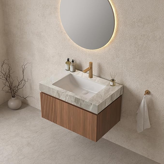 Bathroom Vanity with Sink 30 Inch, Floating Bathroom Vanity Sink Cabinet with Drawer and Door, Undermount Sink & Light Gray Sintered Stone Top, Pre-Assembled,Brown Oak