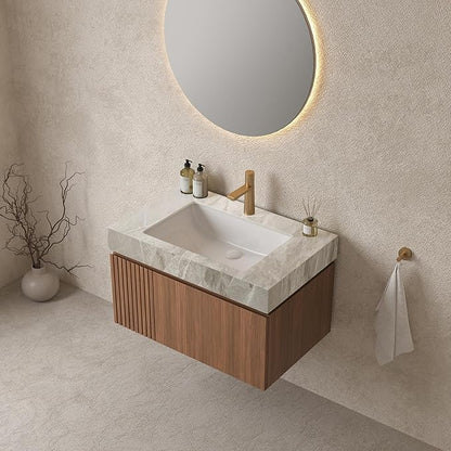 Bathroom Vanity with Sink 30 Inch, Floating Bathroom Vanity Sink Cabinet with Drawer and Door, Undermount Sink & Light Gray Sintered Stone Top, Pre-Assembled,Brown Oak