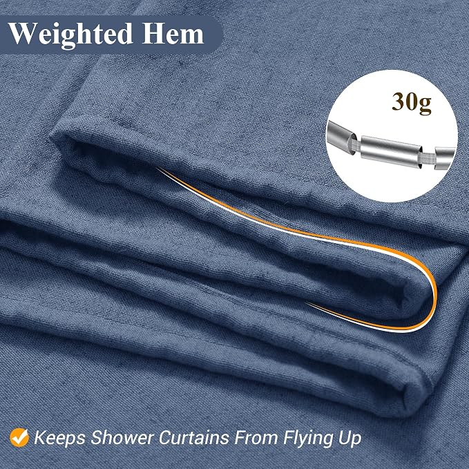 Vintage Blue Linen Shower Curtain, Country Boho Farmhouse Bath Decor Shower Curtains Neutral Cloth Weighted Textured Fabric Bath Curtain Liner with Hooks, 72x72