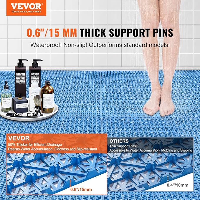 VEVOR Interlocking Tile 50PCS Blue, Drainage Tiles 12" x 12" Splicing, Soft PVC Interlocking Drainage Floor Tiles, Non-Slip Drainage Holes for Restroom, Bathroom, Kitchen, Pool, Wet Areas