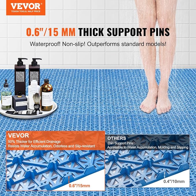 VEVOR Interlocking Tiles, 55Pcs 12 x 12 in, Soft PVC Drainage Tile Mat, Non Slip & Wear-Resistant Splicing Drainage Mat, Floor Tile Drain Holes for Restroom, Bathroom, Kitchen, Pool, Blue