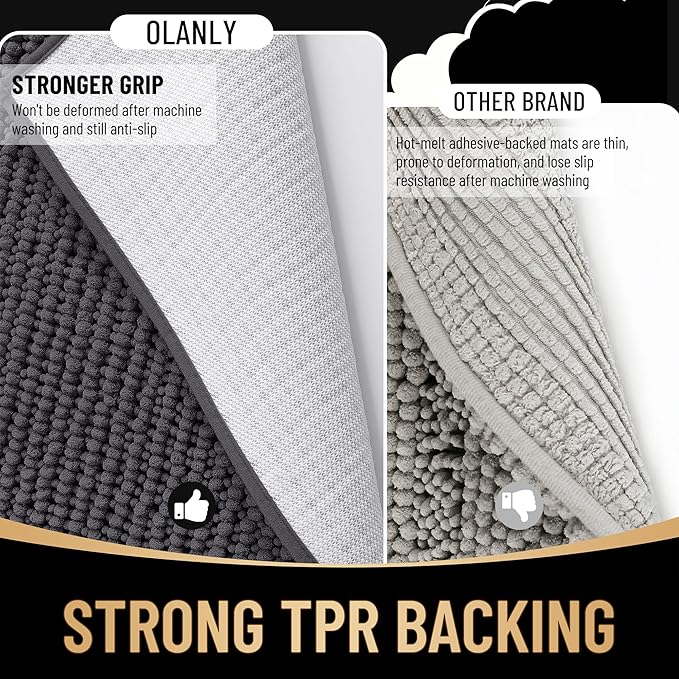 OLANLY Thick Chenille Large Bathroom Rugs Mats 59x35, Dark Grey | Soft Absorbent Bath Rugs, Rubber Backing, Machine Wash Dry, Bath Mats for Bathroom, Tub and Shower, Home Decor Accessories