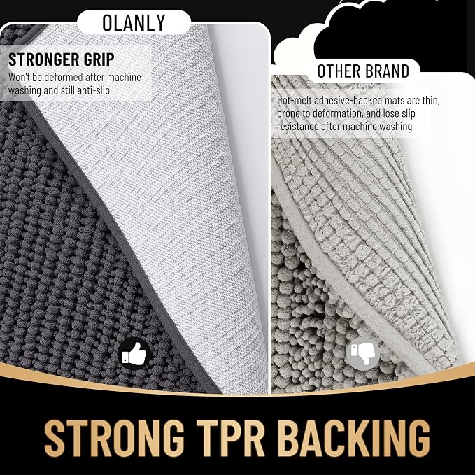 OLANLY Thick Chenille Absorbent Bathroom Rugs Mat 36x24, Dark Grey | Soft Bath Rugs, Rubber Backing, Machine Wash Dry, Bath Mats for Bathroom, Tub and Shower, Home Decor Accessories