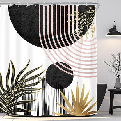 Mid Century Black Pink Boho Abstract Modern Bathroom Shower Curtain Set | 60Wx71L Sun Arch design, waterproof HD print with fast-drying fabric and 12 hooks.