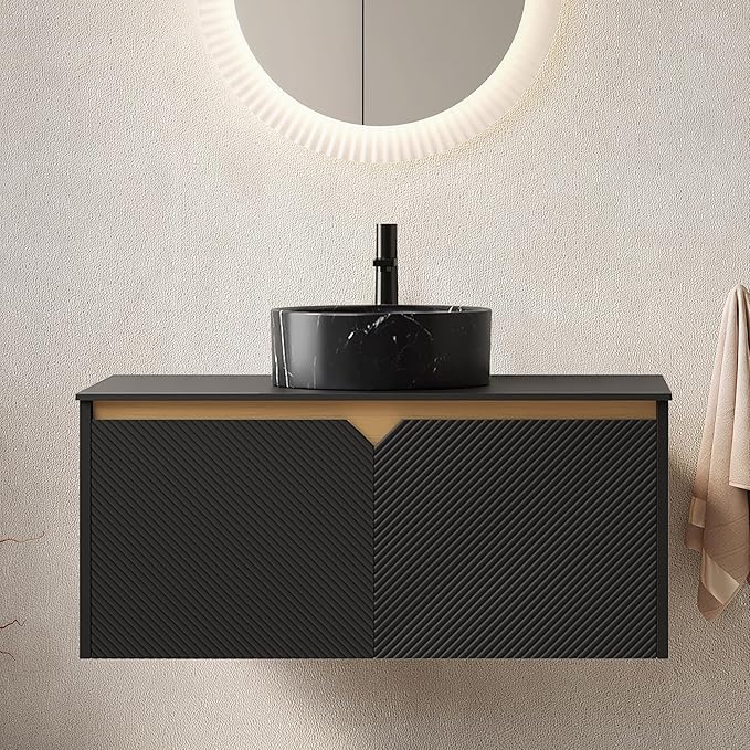 Bathroom Vanity with Sink 36 Inch, Floating Modern Vanity with Vessel Sink, Fluted Bathroom Vanity Cabinet with 2 Doors with Metal Trim, Black Round Sink & Sintered Stone Top, Black