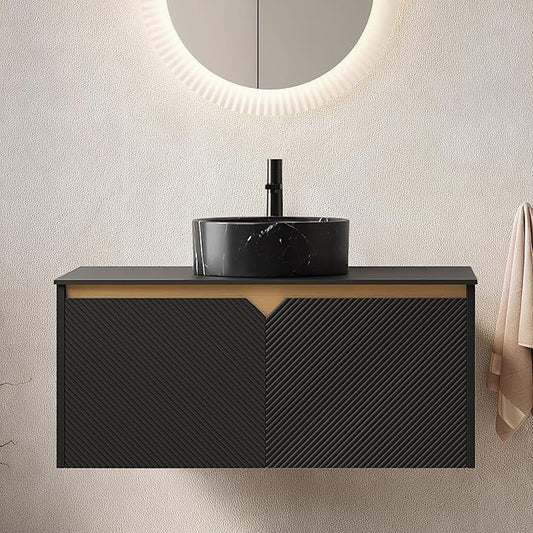Bathroom Vanity with Sink 36 Inch, Floating Modern Vanity with Vessel Sink, Fluted Bathroom Vanity Cabinet with 2 Doors with Metal Trim, Black Round Sink & Sintered Stone Top, Black