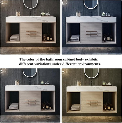 40 inch Modern Floating Bathroom Vanity with Sink, Wall Mounted Bathroom Cabinet with Ceramic Sink, Sintered Stone Countertop, 2 Soft Closing Drawers & Open Storage Shelf, Light Oak