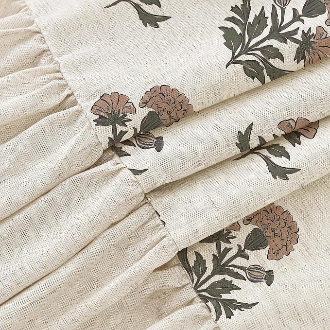 ORTIGIA Linen Textured Ruffle Shower Curtain with Metal Hooks, Vintage Terracotta Brown Floral Block Print Boho Waterproof Bath Curtain for Rustic Farmhouse Bathroom Decor 72x72 Inch